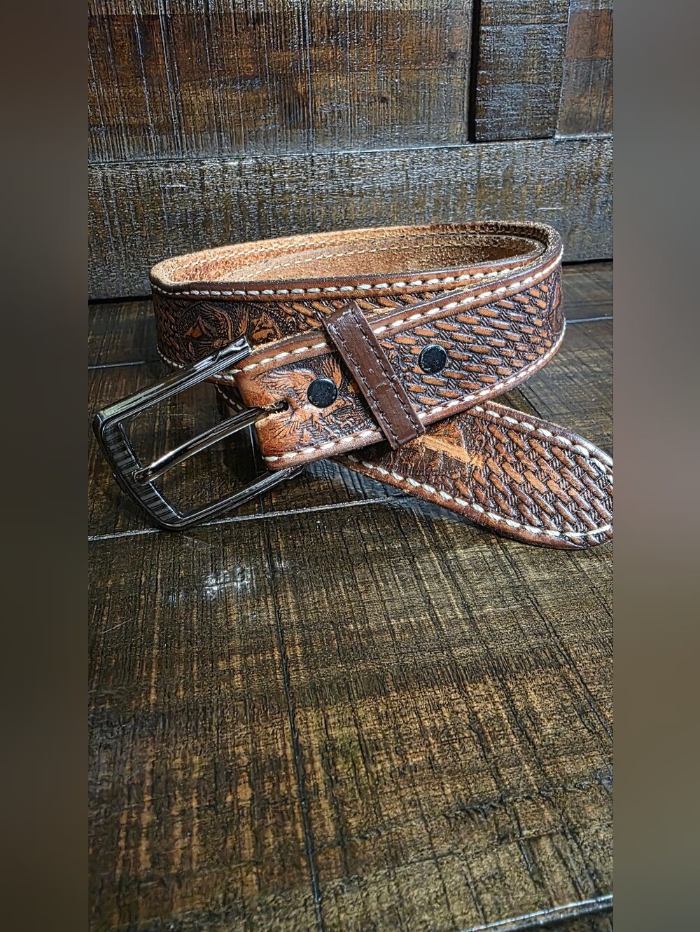 Western Belt Full Grain Tooled Leather Stamped Eagle Emblems 40.5"